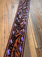 Leather Tooled Dog Collar with Purple Buckstitching Dog