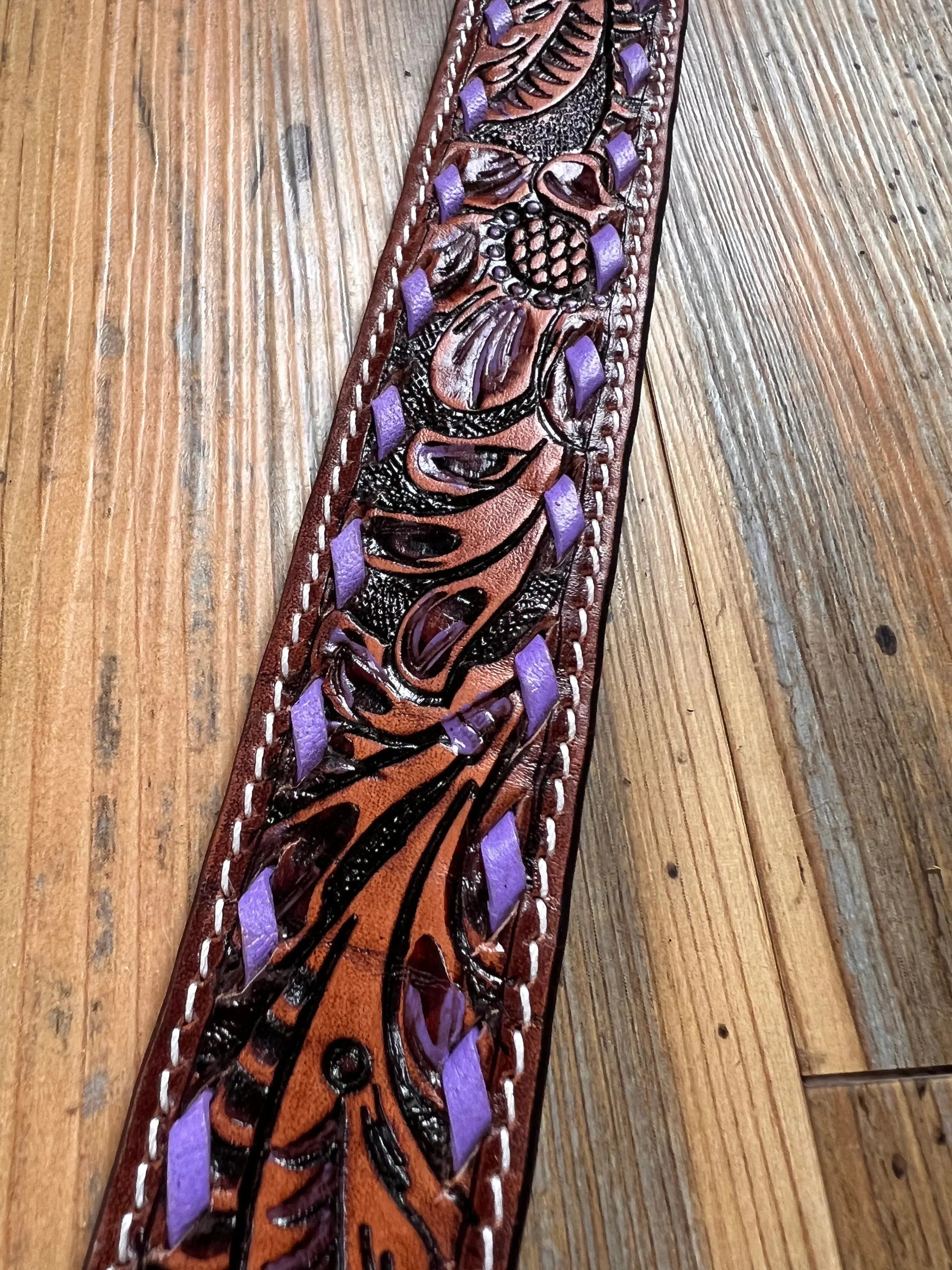 Leather Tooled Dog Collar with Purple Buckstitching Dog