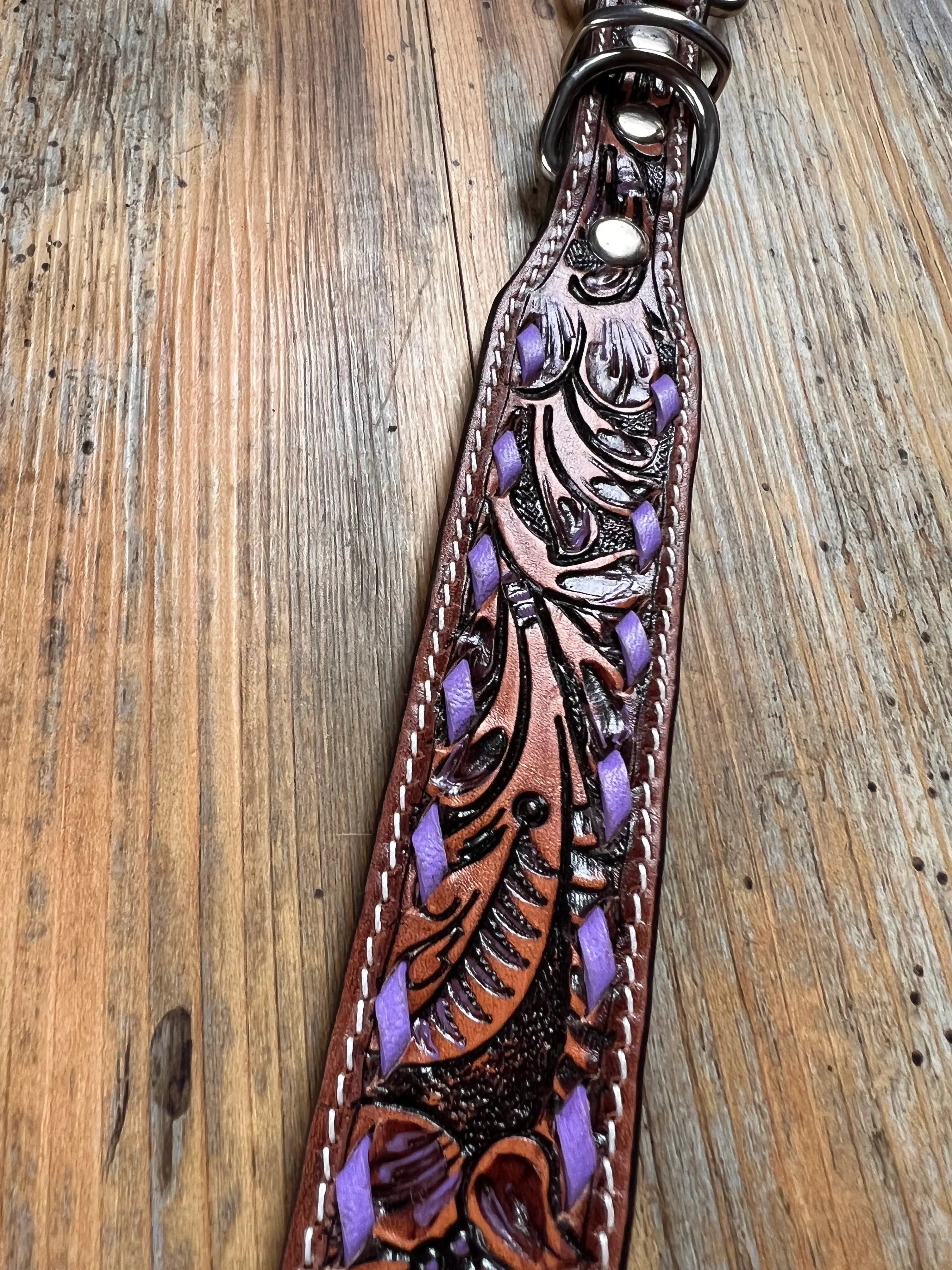 Leather Tooled Dog Collar with Purple Buckstitching Dog