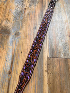 Leather Tooled Dog Collar with Purple Buckstitching Dog