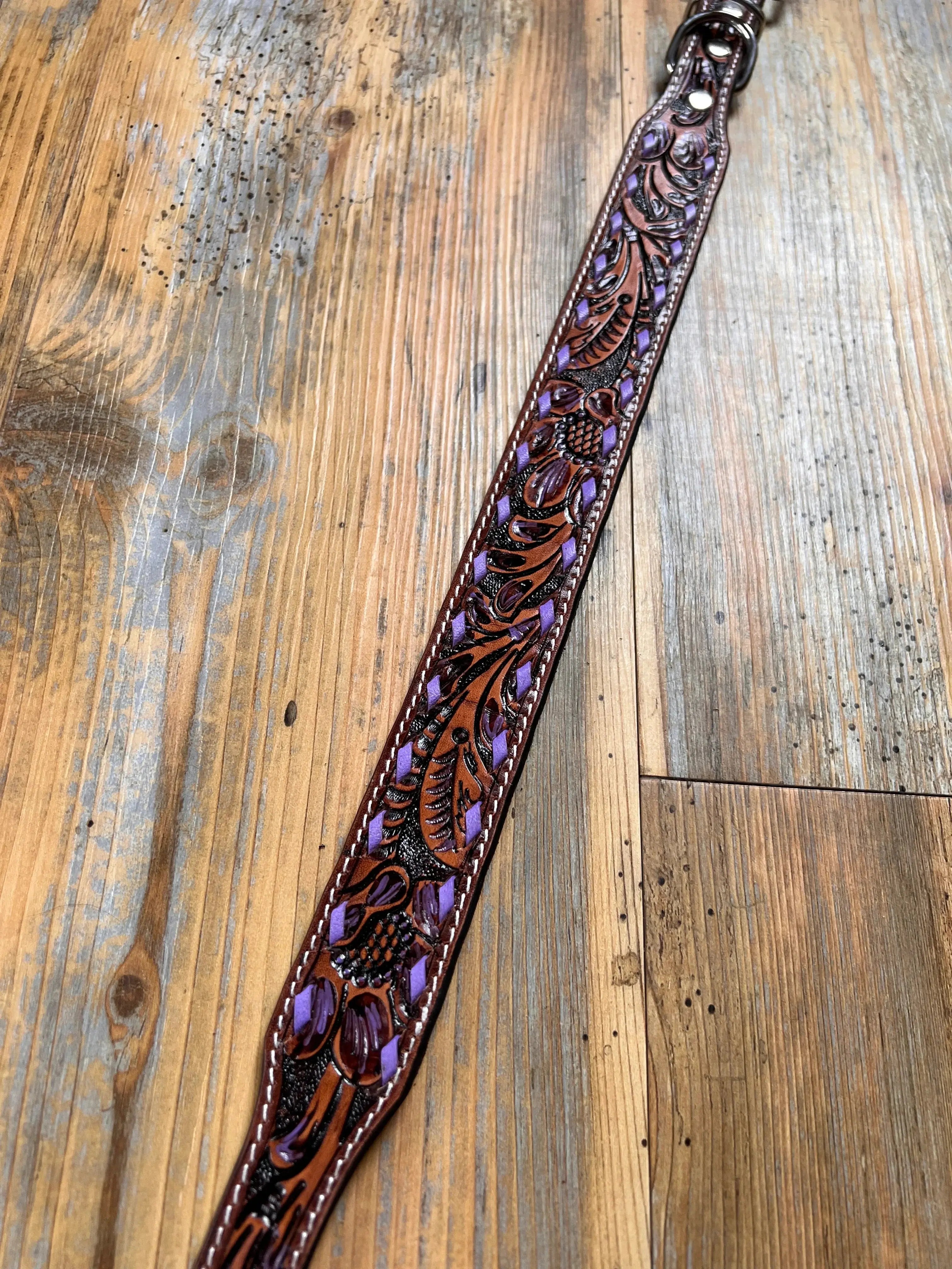 Leather Tooled Dog Collar with Purple Buckstitching Dog