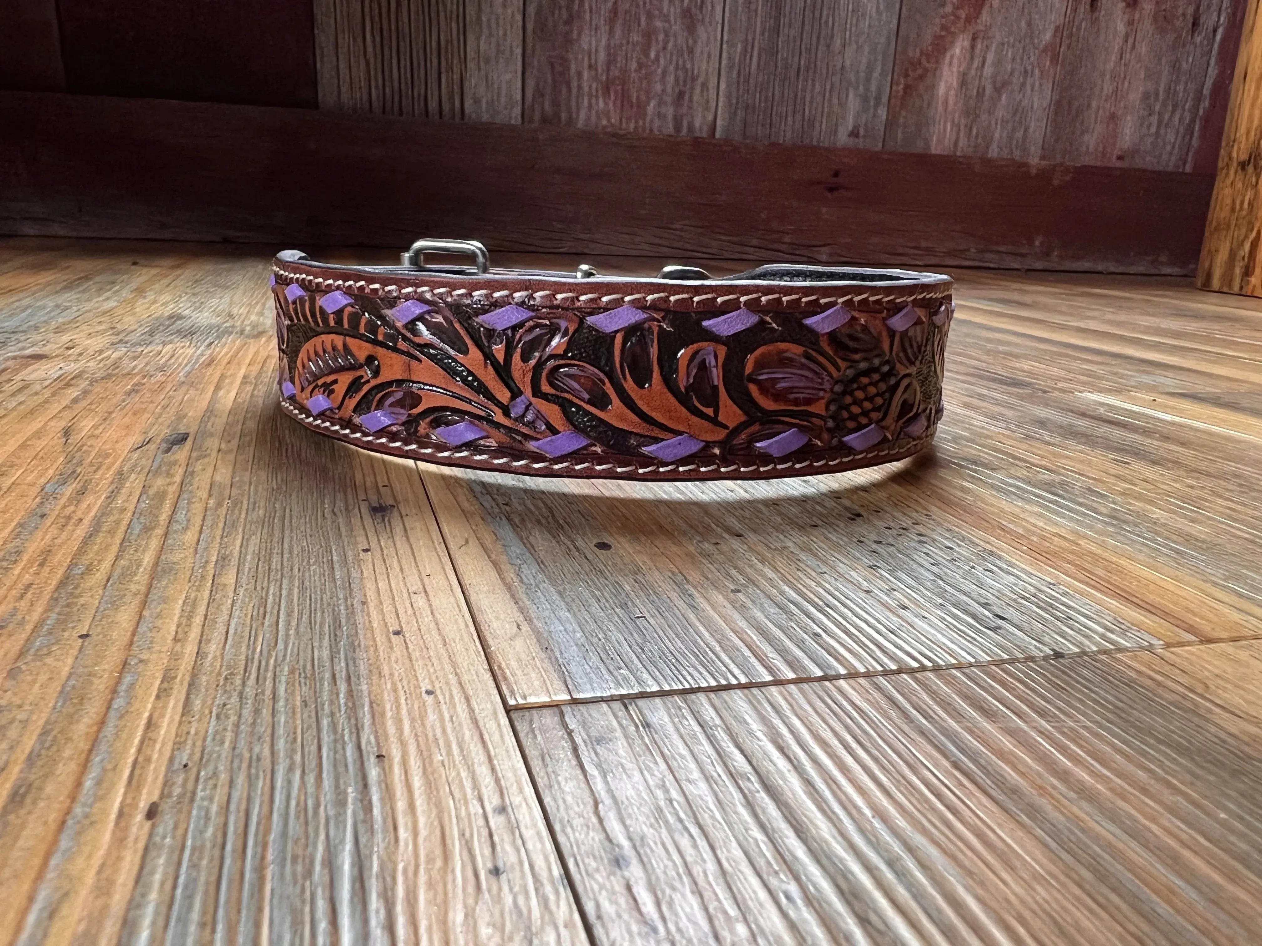 Leather Tooled Dog Collar with Purple Buckstitching Dog