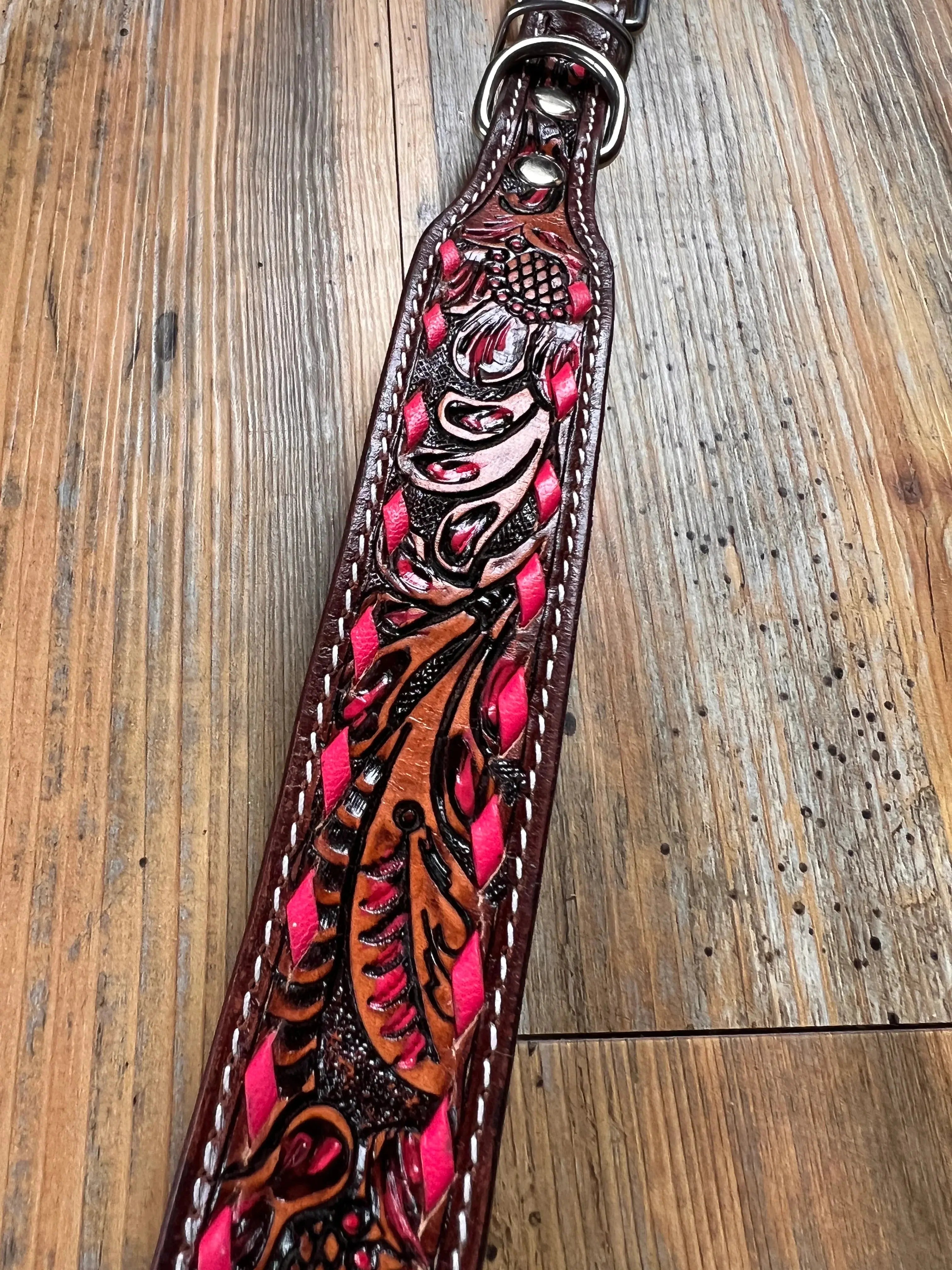 Leather Tooled Dog Collar with Pink Buckstitching Dog