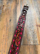 Leather Tooled Dog Collar with Pink Buckstitching Dog