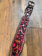 Leather Tooled Dog Collar with Pink Buckstitching Dog
