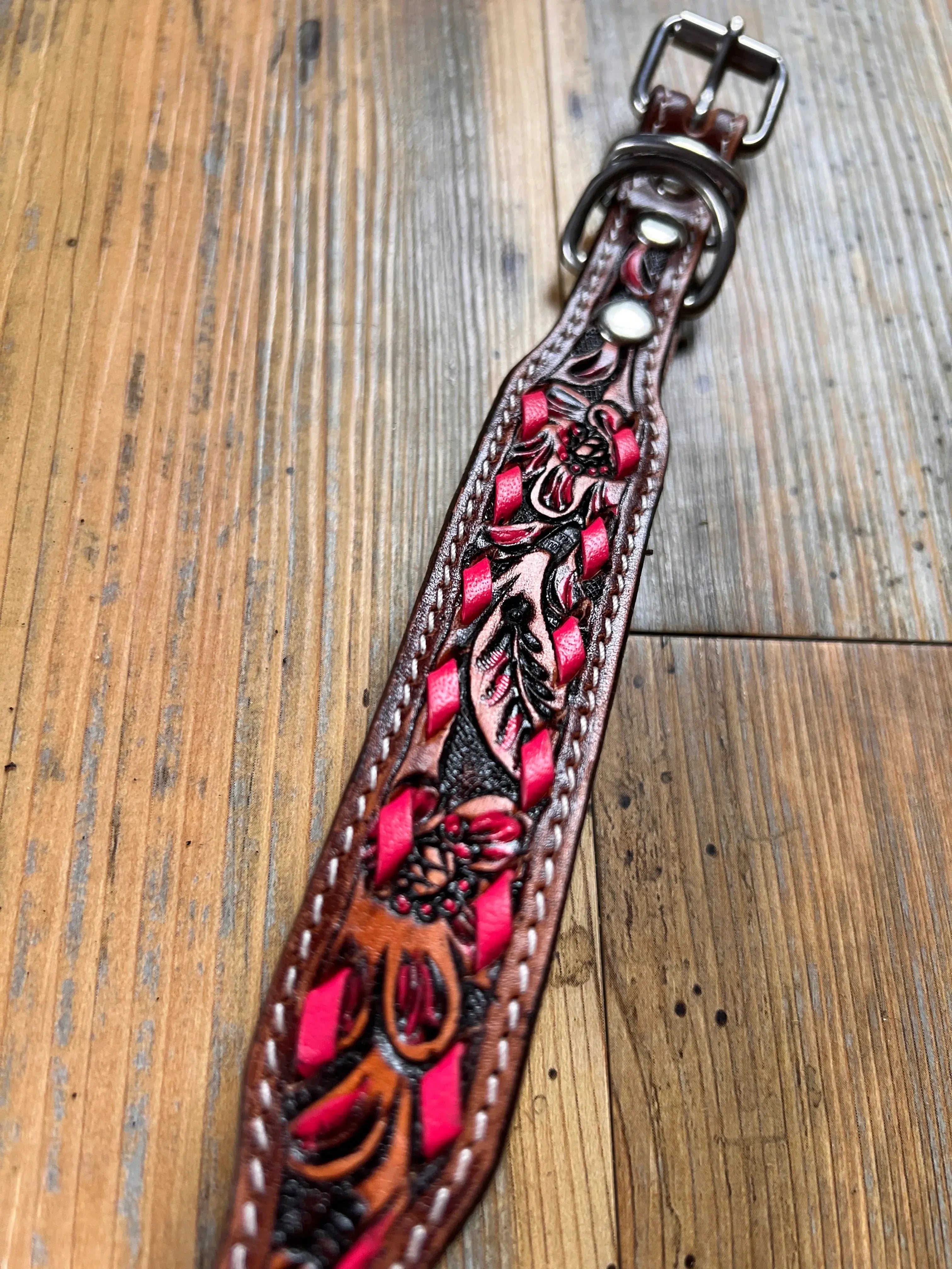 Leather Tooled Dog Collar with Pink Buckstitching Dog