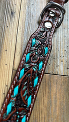 Leather Tooled Dog Collar with Teal Buckstitching Dog
