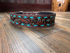 Leather Tooled Dog Collar with Teal Buckstitching Dog