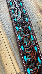 Leather Tooled Dog Collar with Teal Buckstitching Dog