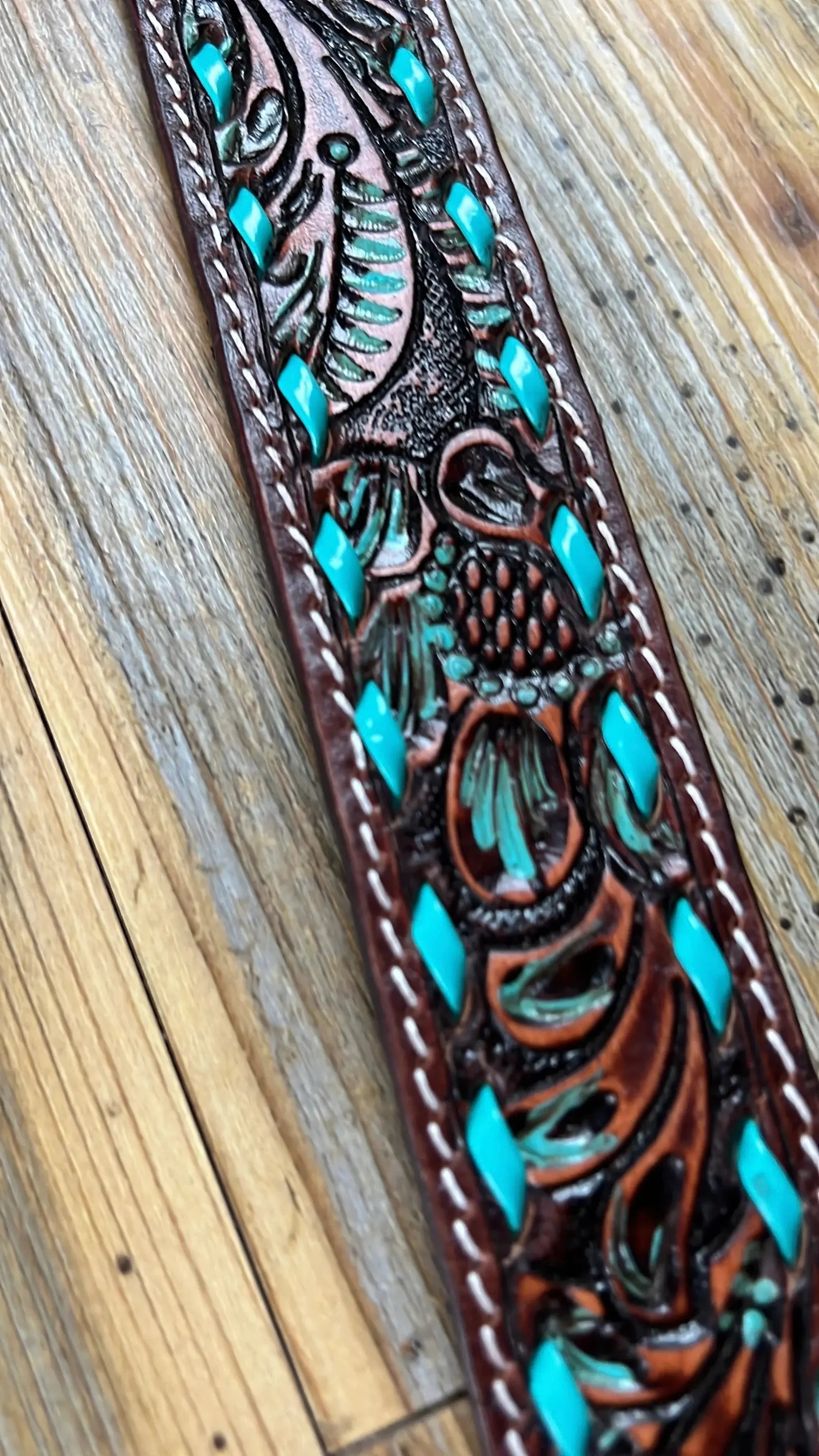 Leather Tooled Dog Collar with Teal Buckstitching Dog