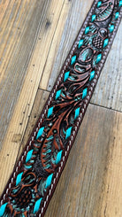 Leather Tooled Dog Collar with Teal Buckstitching Dog