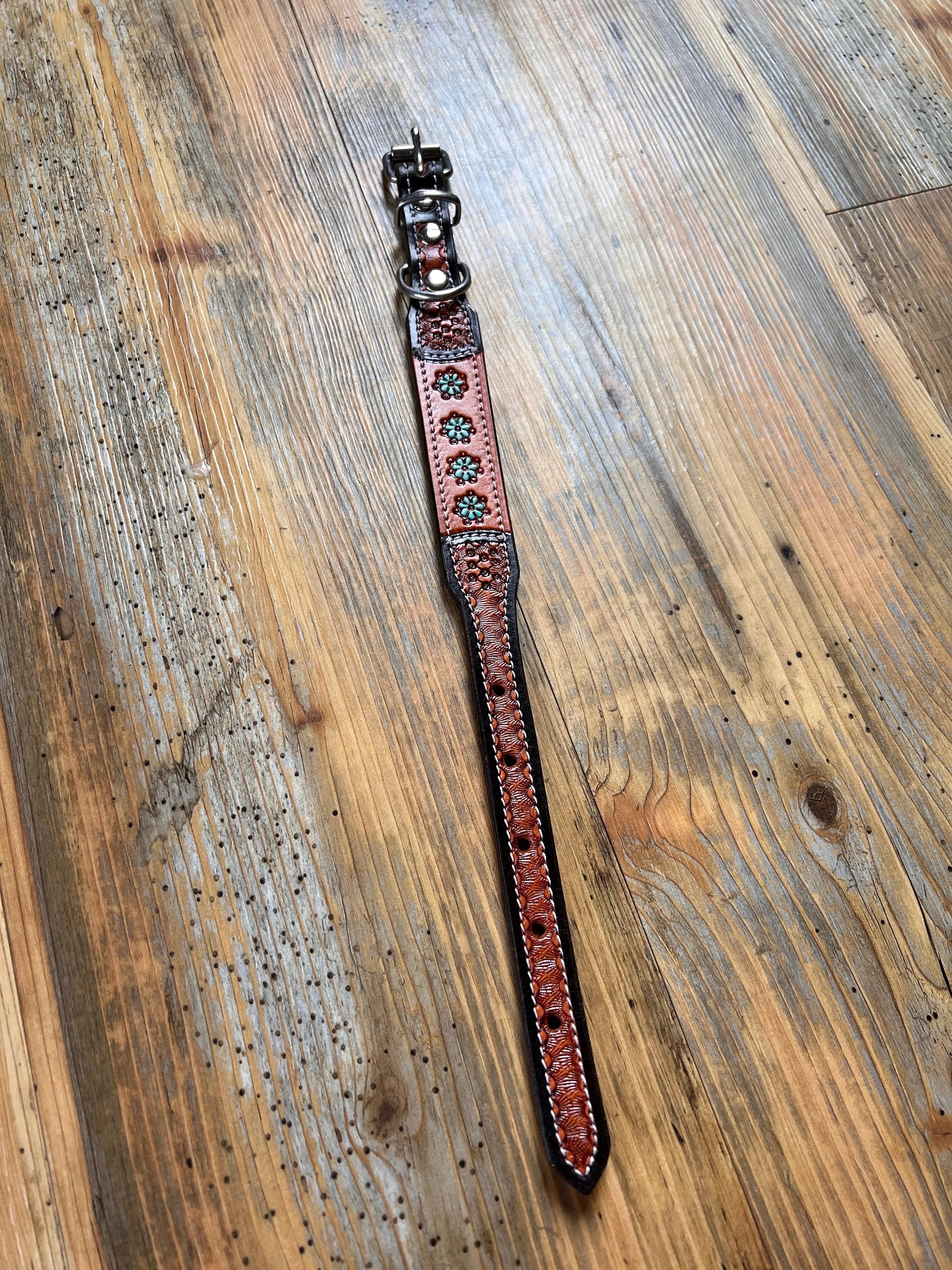 Leather Handpainted Tooled Squash Blossom Dog Collar Dog