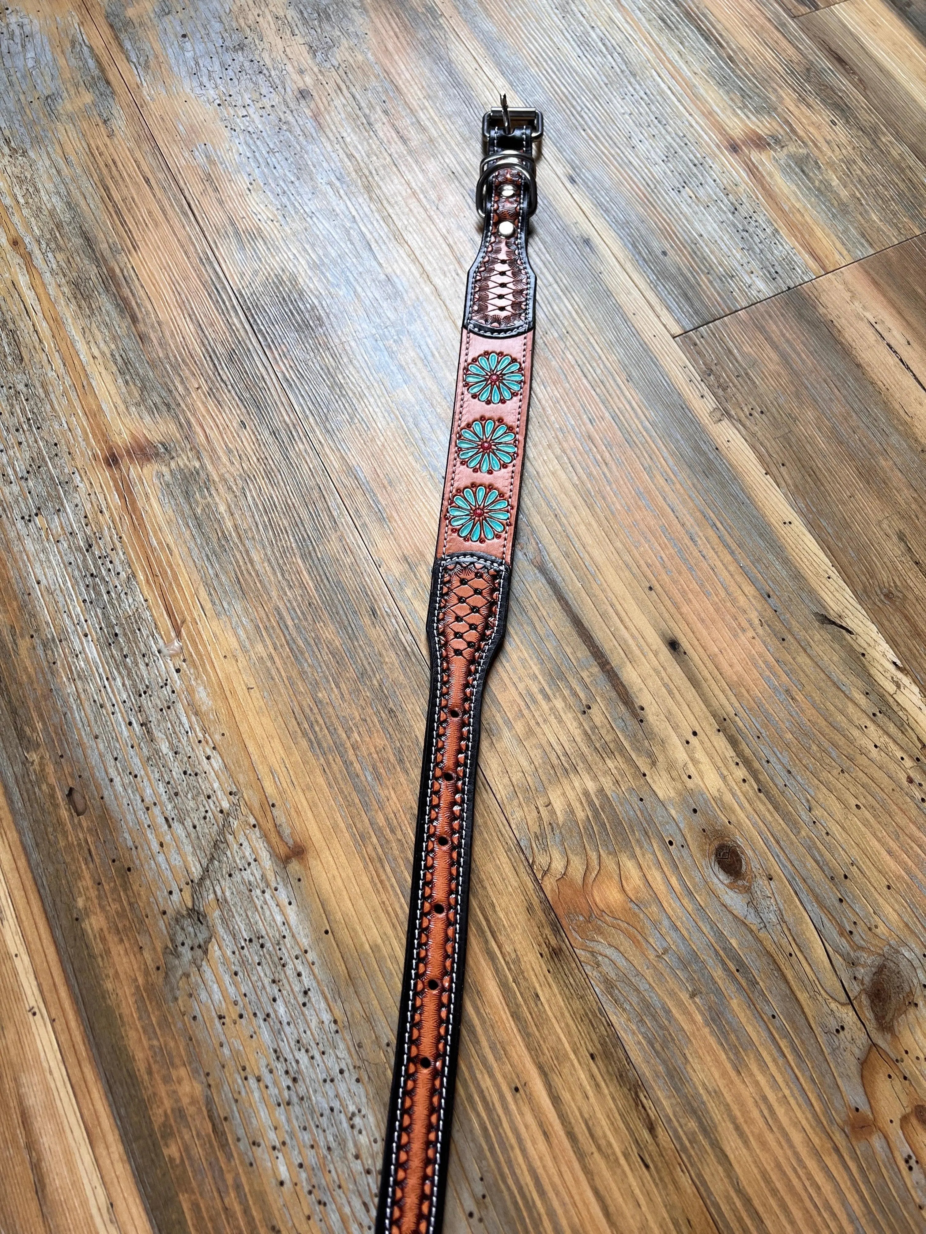 Leather Handpainted Tooled Squash Blossom Dog Collar Dog