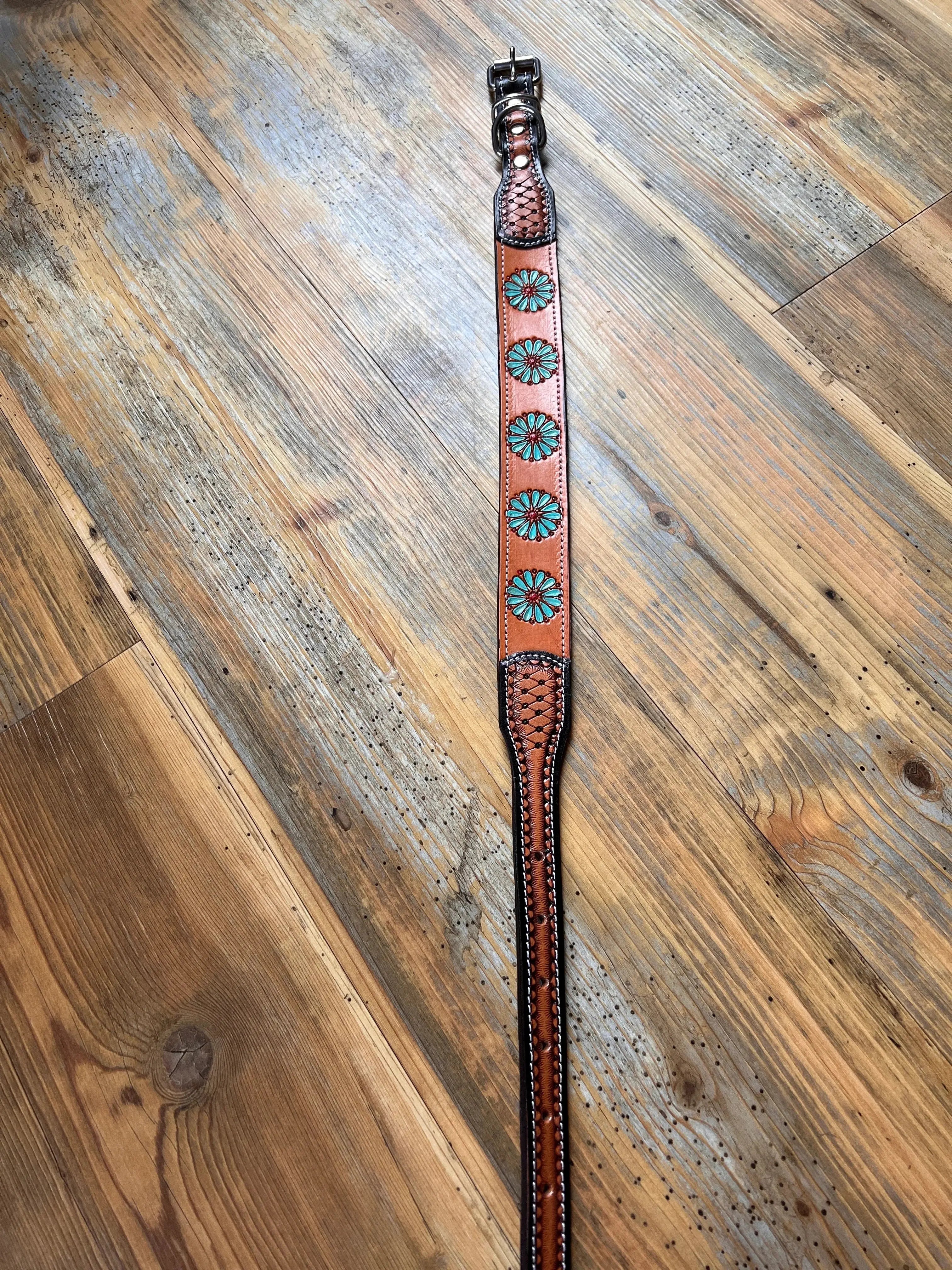 Leather Handpainted Tooled Squash Blossom Dog Collar Dog