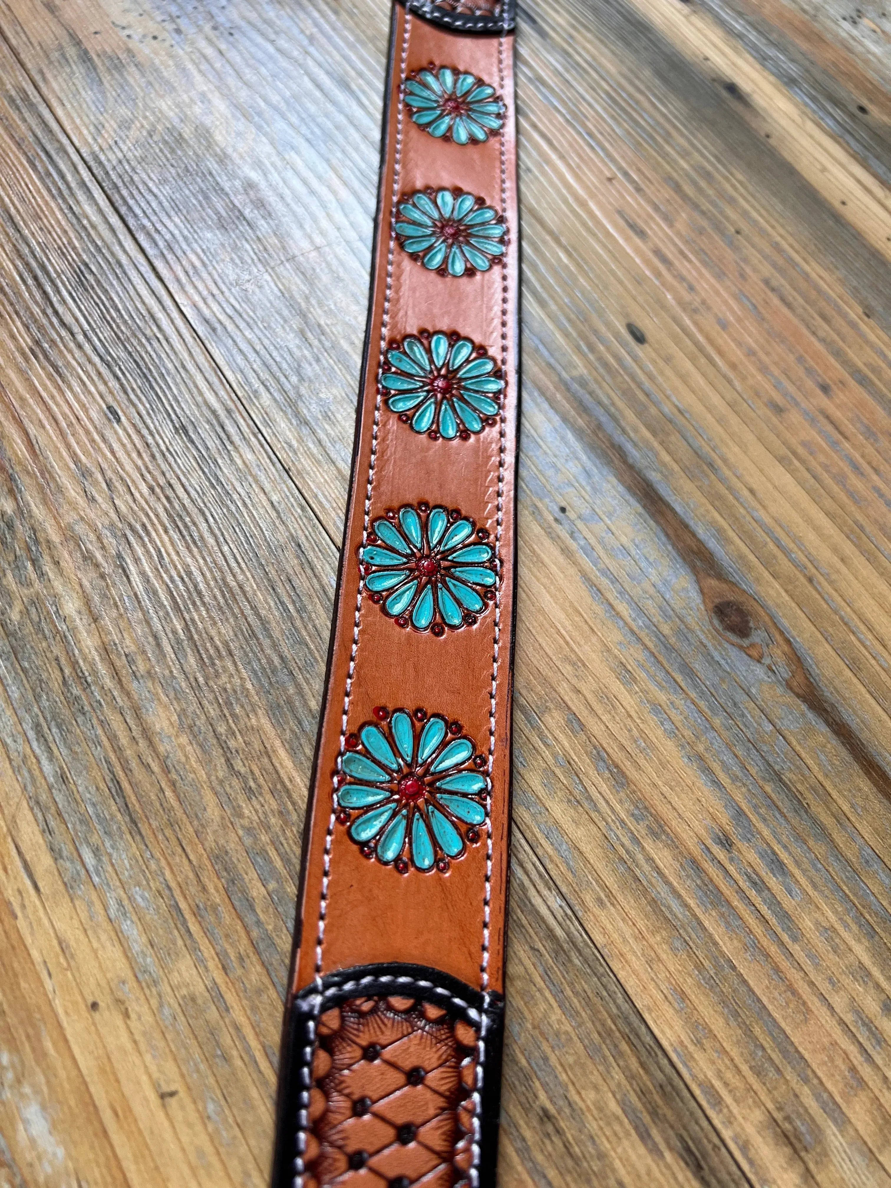 Leather Handpainted Tooled Squash Blossom Dog Collar Dog