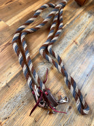 Dust & Denim Mohair Contest Reins - 8 Ft brown blue cream twisted rope with leather and metal accents