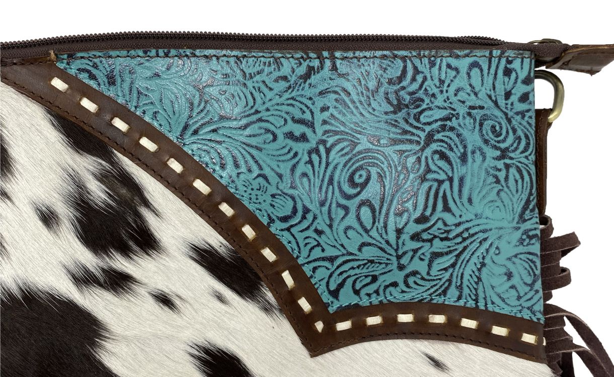 Fringe cross body western purse- with cowhide and real turquoise