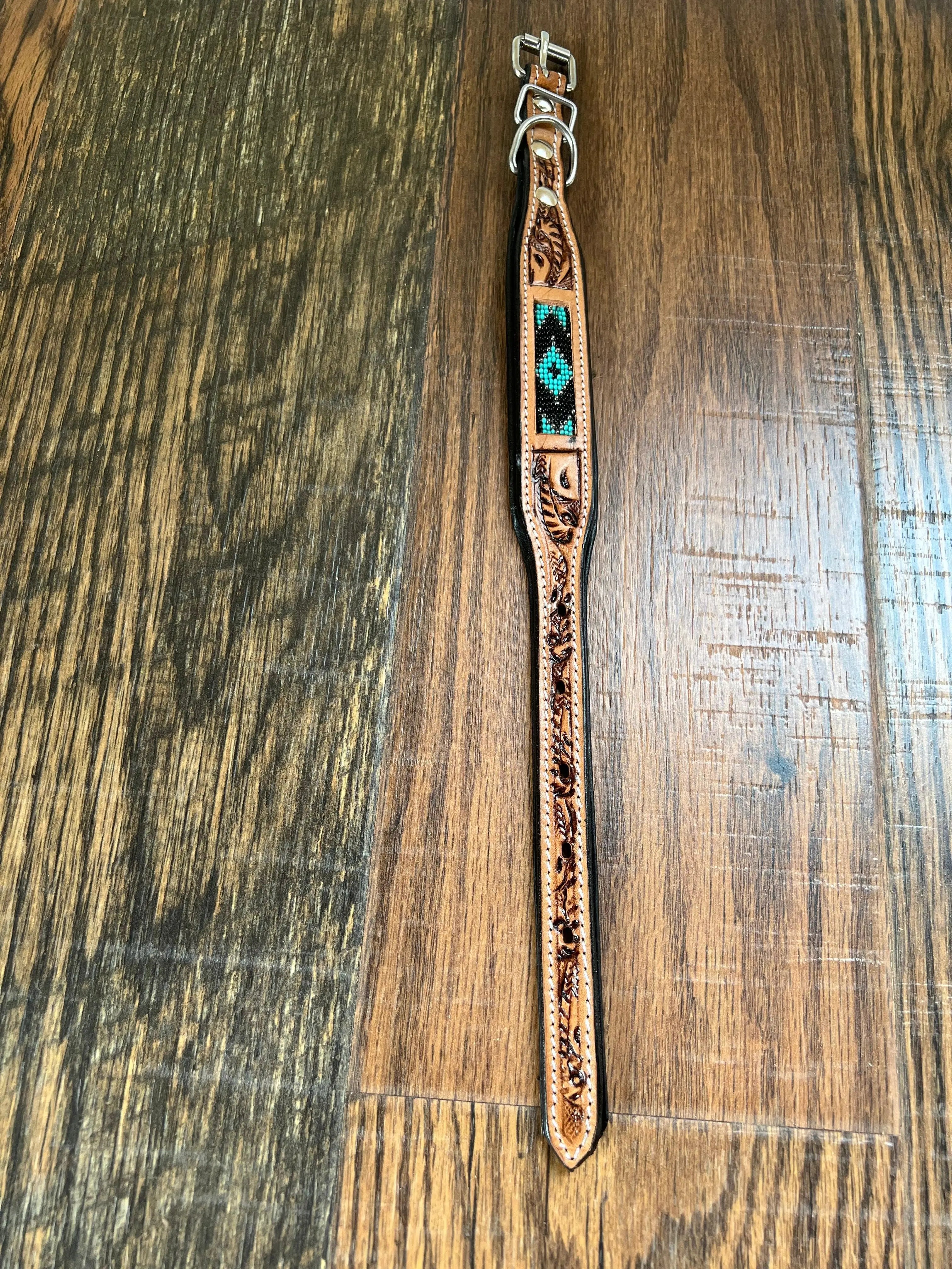 Handcrafted Padded Leather Tooled Dog Collar With Teal Beading Dog
