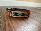 Handcrafted Padded Leather Tooled Dog Collar With Teal Beading Dog