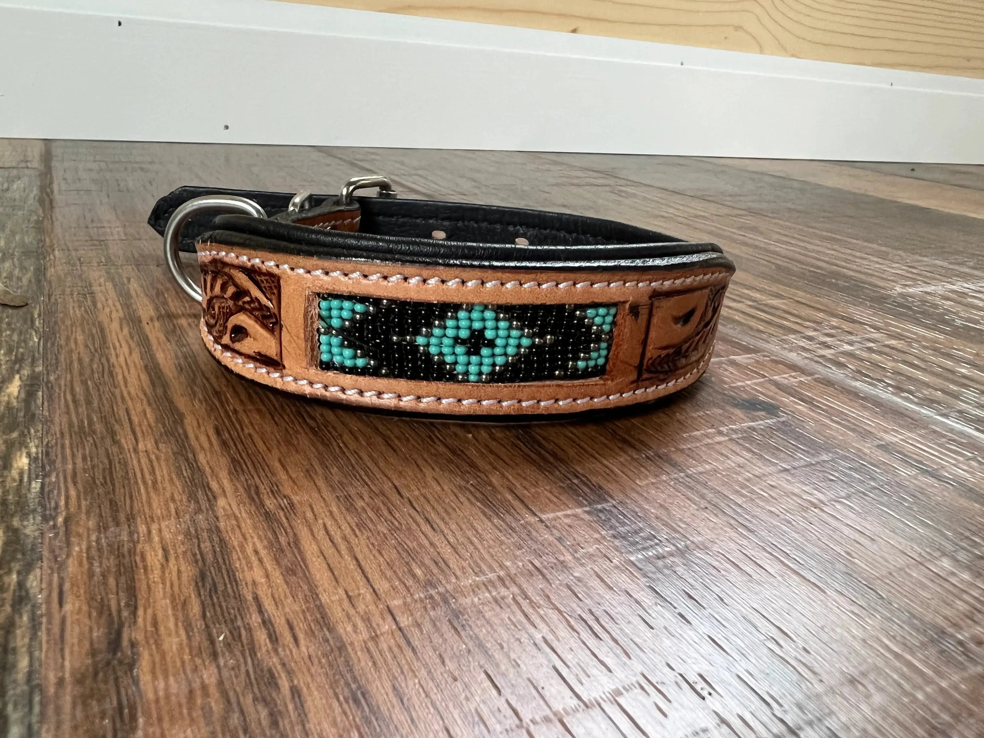 Handcrafted Padded Leather Tooled Dog Collar With Teal Beading Dog