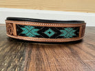 Handcrafted Padded Leather Tooled Dog Collar With Teal Beading Dog