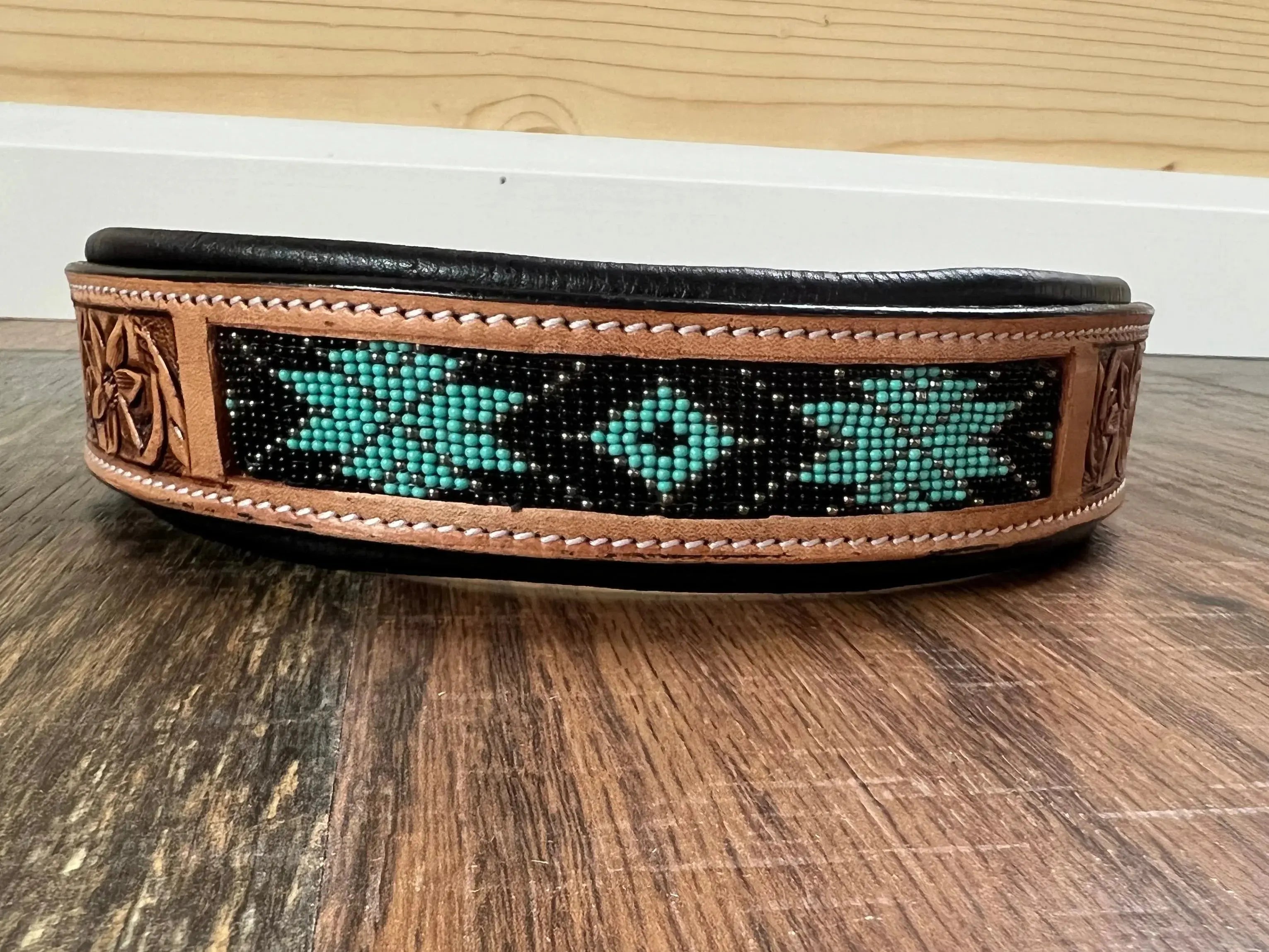 Handcrafted Padded Leather Tooled Dog Collar With Teal Beading Dog