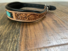 Handcrafted Padded Leather Tooled Dog Collar With Teal Beading Dog