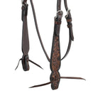 Argentina cow leather browband headstall with sunflower tooling close up