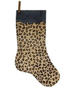 Cheetah cowhide Christmas stocking with leopard-print tan body, dark blue ostrich cuff