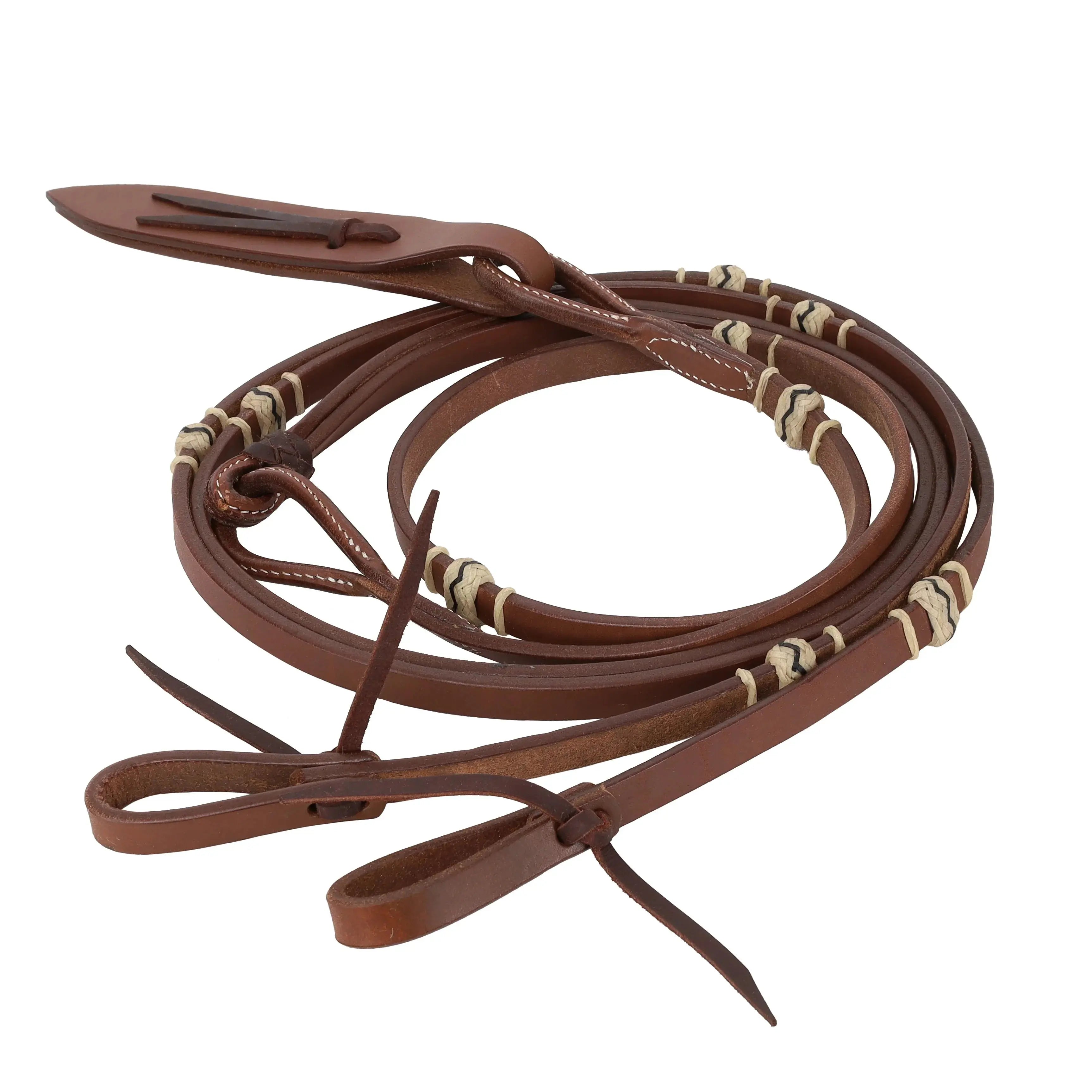 Brown leather horse halter with cream bone beads for 8 Flat Leather Romal Reins