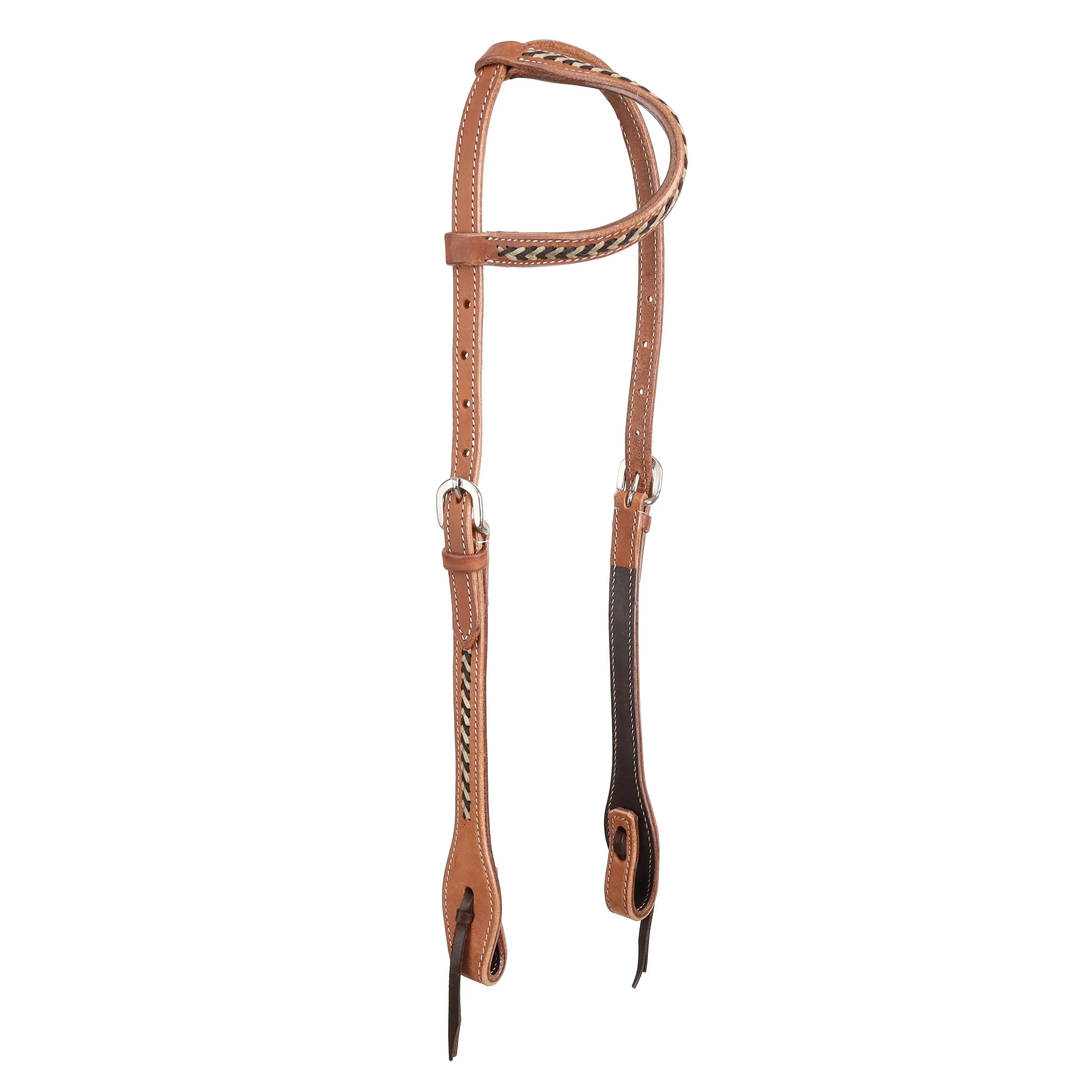 Argentina cow leather one ear headstall with tan braided and silver details
