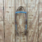 Brown Argentina cow leather browband headstall with teal rawhide accents