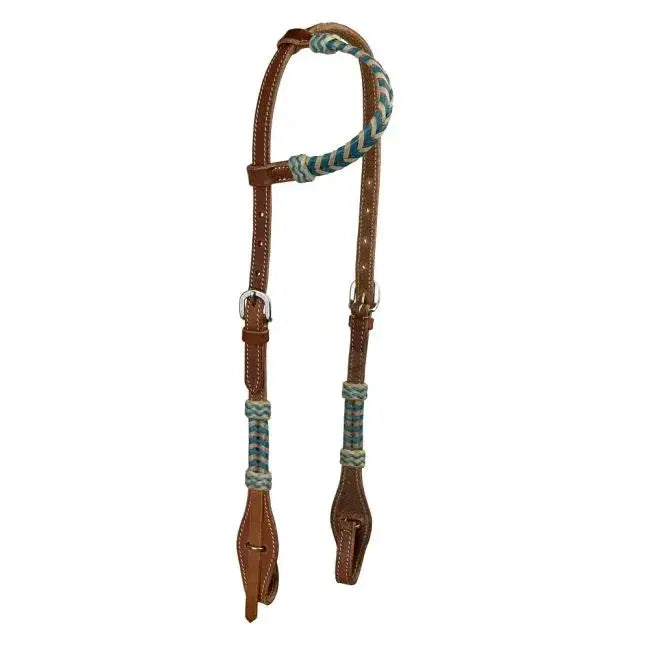 Argentina cow leather one ear headstall with teal rawhide accents