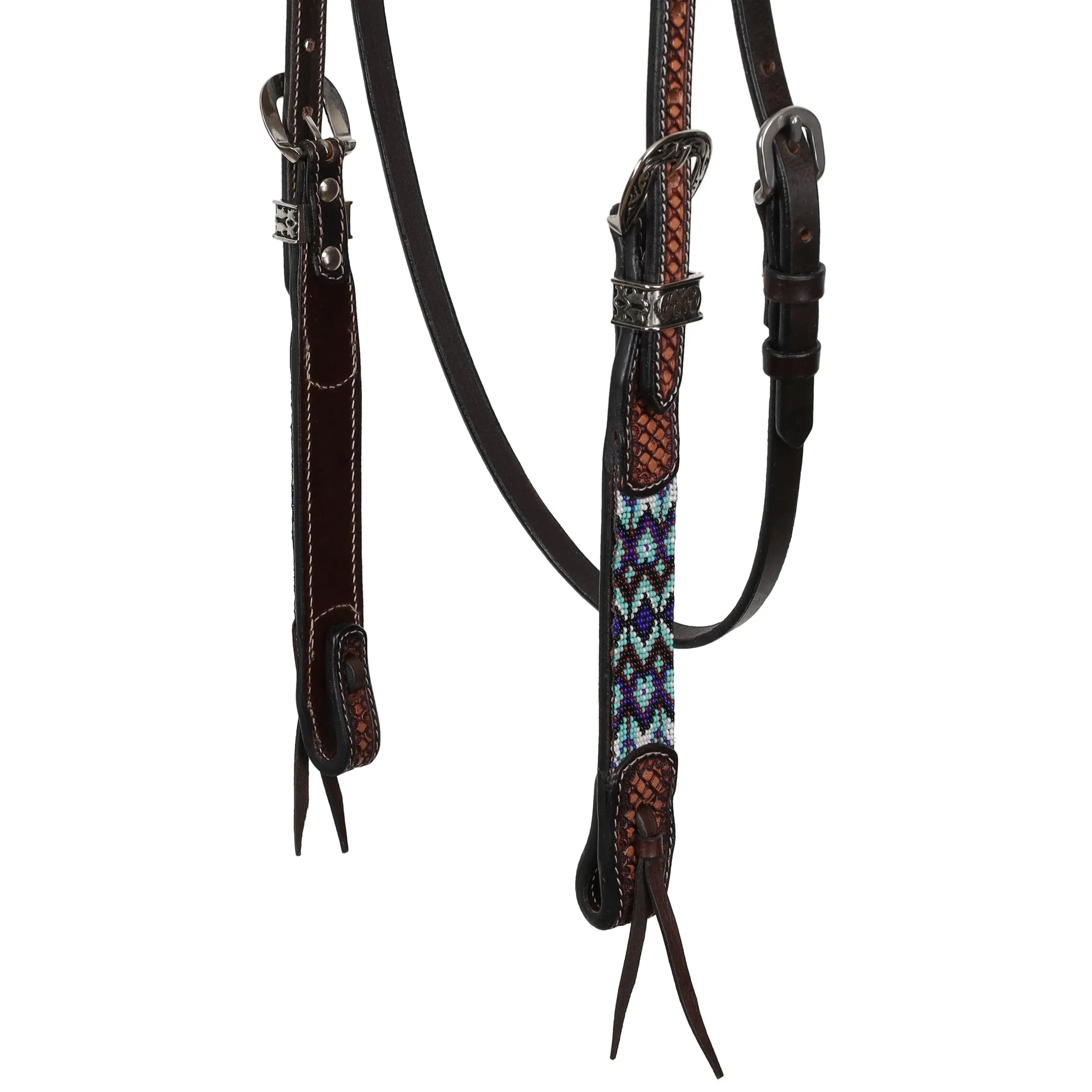 Navajo Nights Argentina Cow Leather Beaded Browband Headstall Horse close up