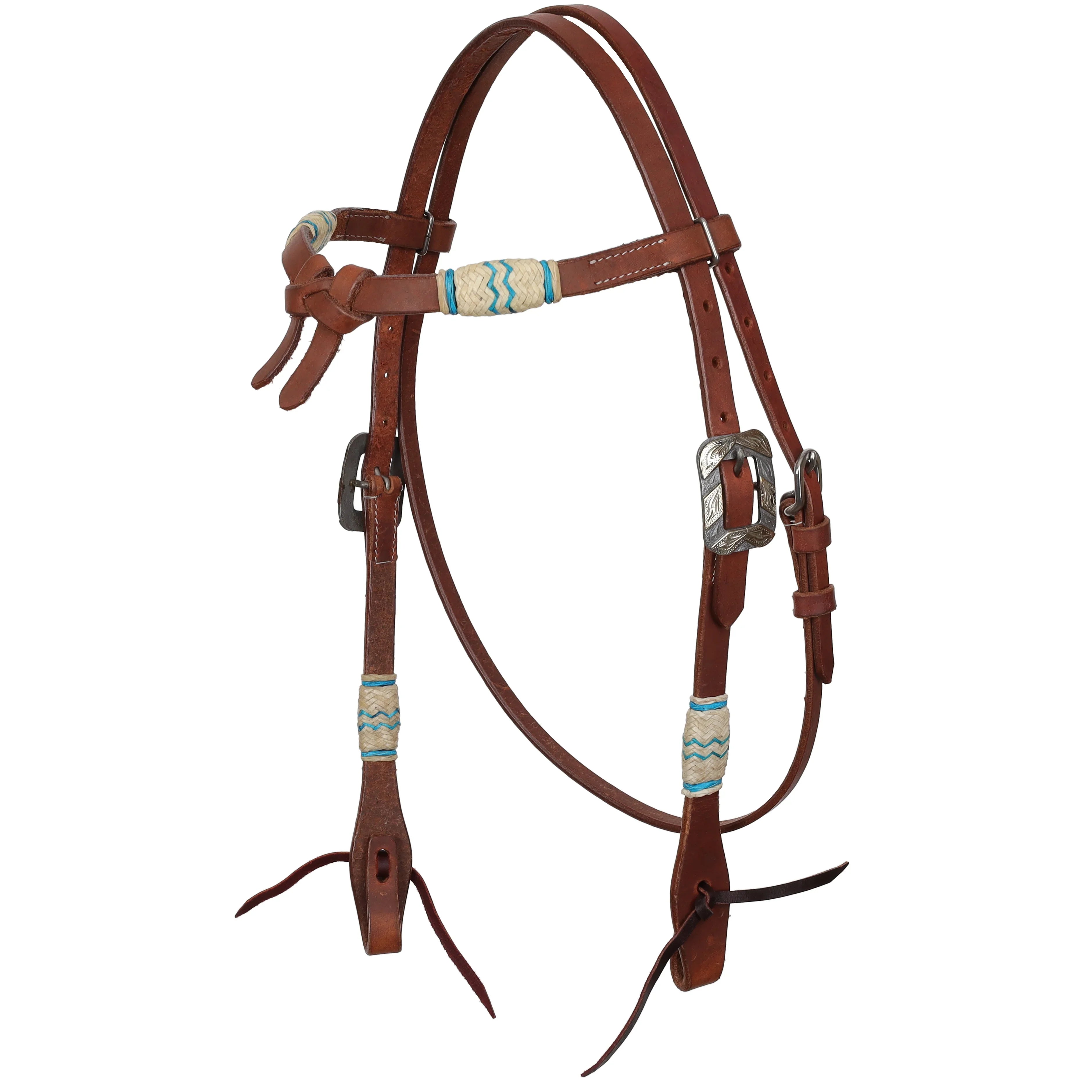 Brown leather Aqua Rawhide Argentina headstall with turquoise accents, cream weave, silver conchos