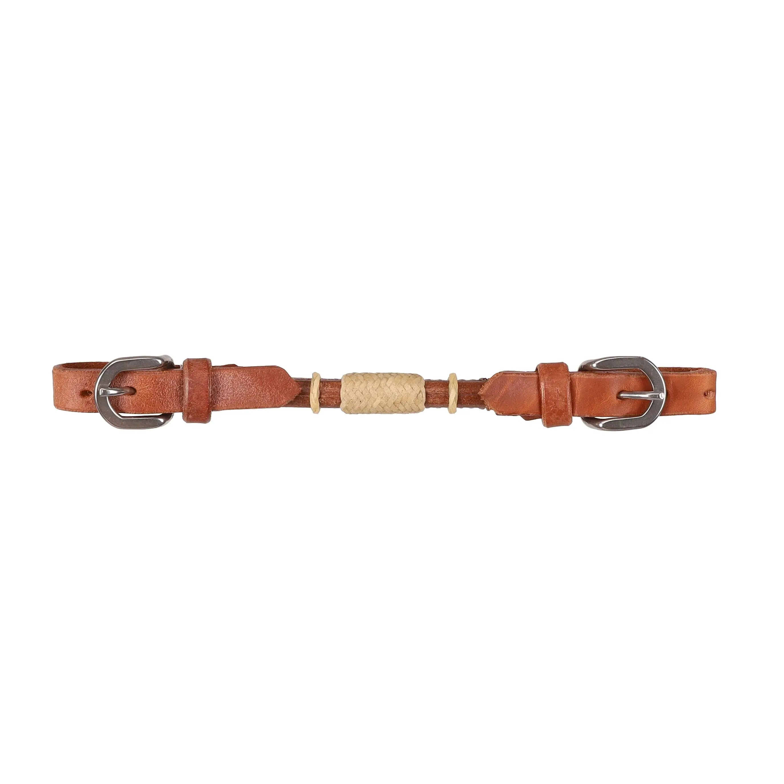 Tan leather Argentina cowhide belt with silver buckles and beige woven accent