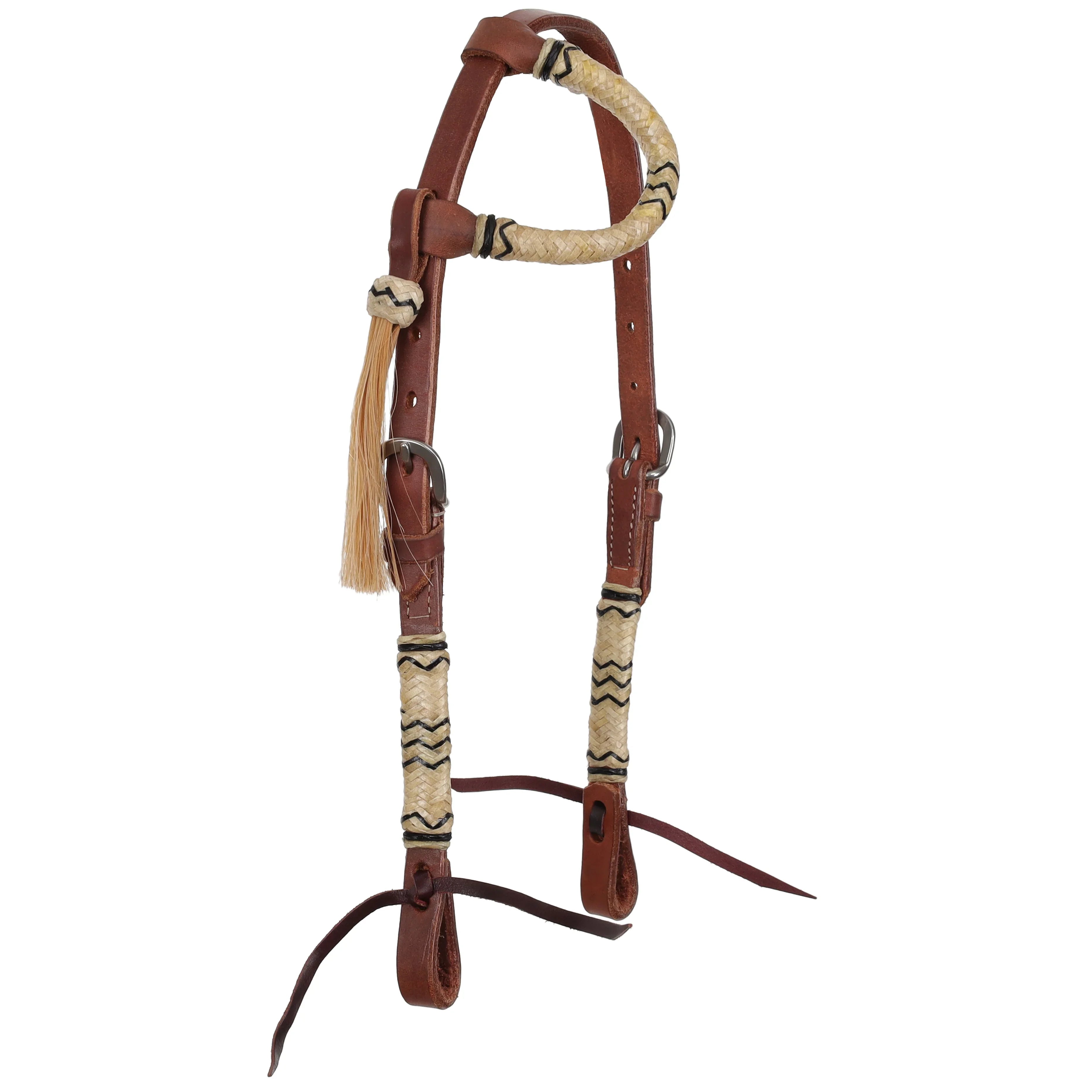 Rawhide Argentina cow leather mini pony one ear headstall with brown leather, cream rope accents, black zigzag stitching