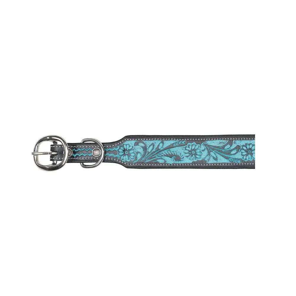 TEAL DAISY HAND-TOOLED PADDED LEATHER DOG COLLAR Dog