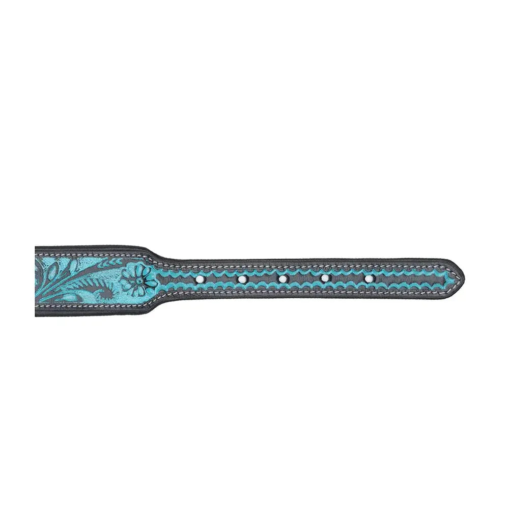 TEAL DAISY HAND-TOOLED PADDED LEATHER DOG COLLAR Dog