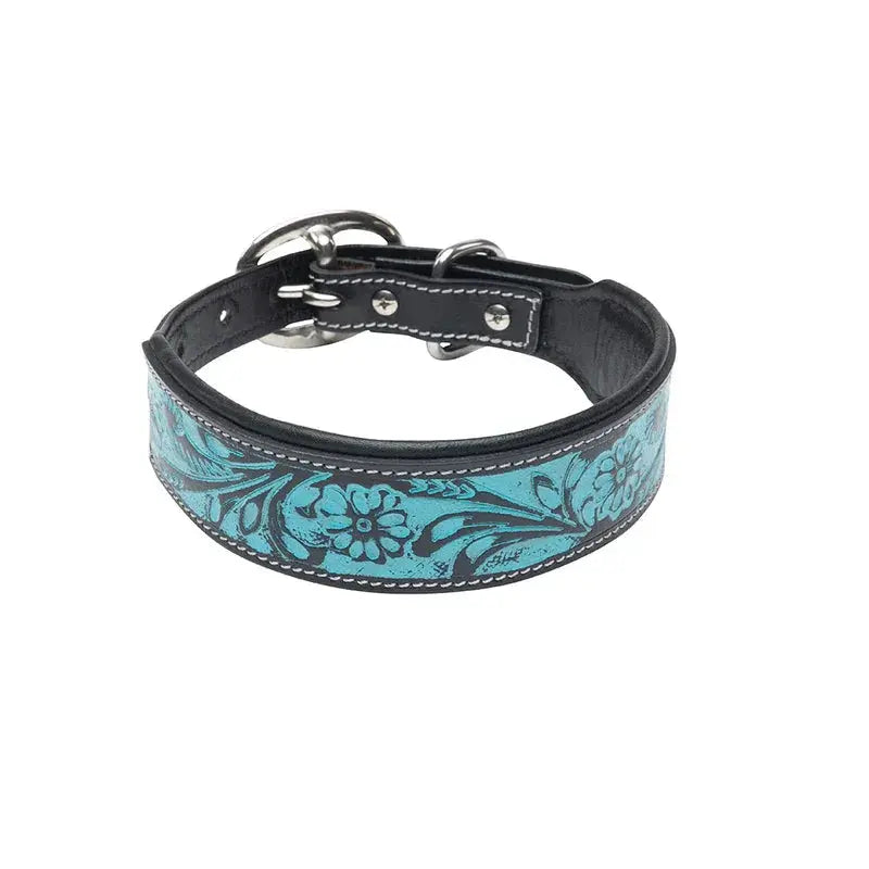 TEAL DAISY HAND-TOOLED PADDED LEATHER DOG COLLAR Dog