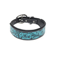TEAL DAISY HAND-TOOLED PADDED LEATHER DOG COLLAR