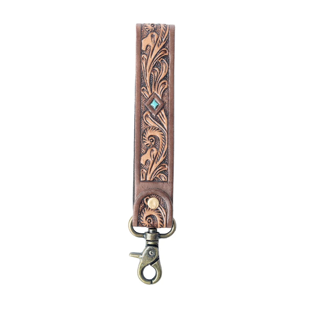 Spirit Stone Handtooled Leather Keyfob In Mahogany Brown