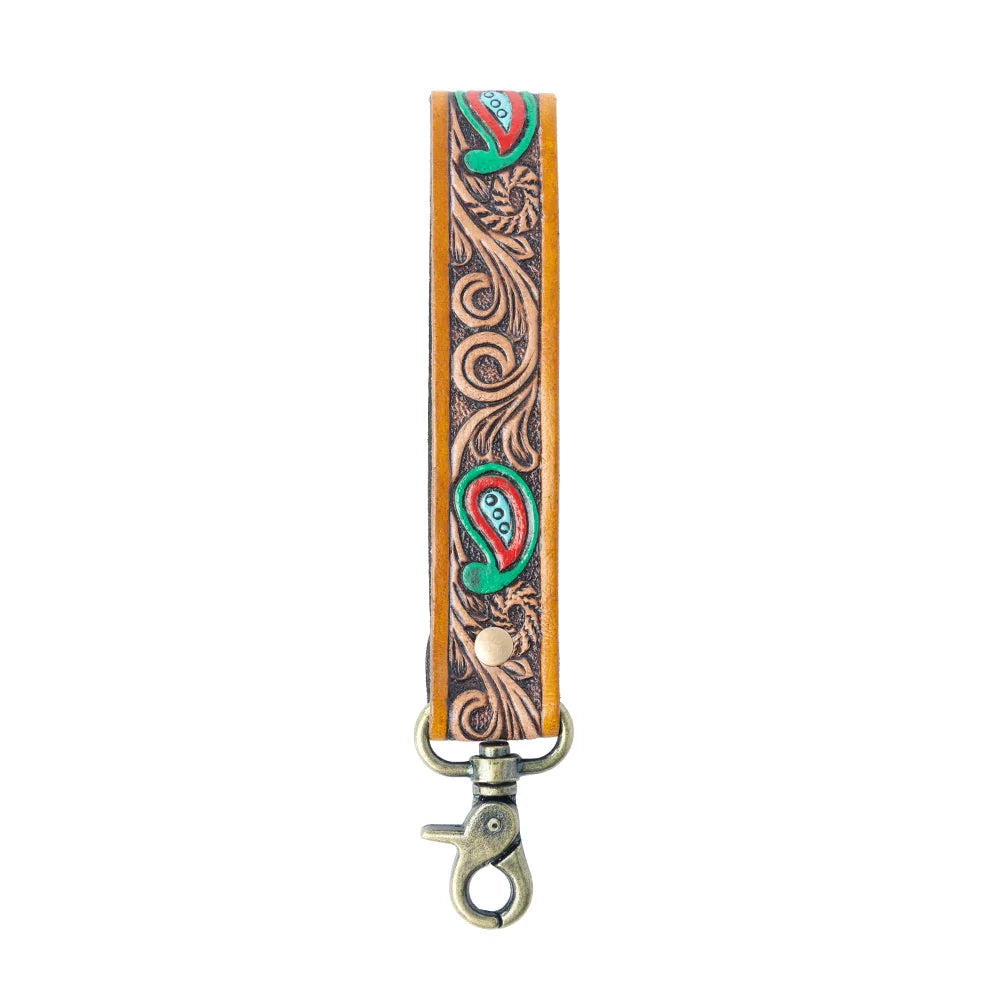 Emerald Ember Handtooled Leather Keyfob In Desert Green