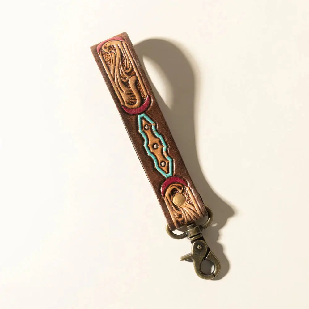 Skyland Stitch Handtooled Leather Keyfob In Cactus Blue