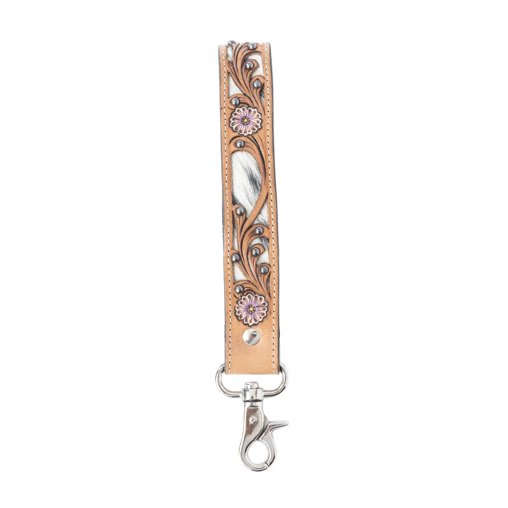 Pasture Petals Handtooled Leather Keyfob In Prairie Sand