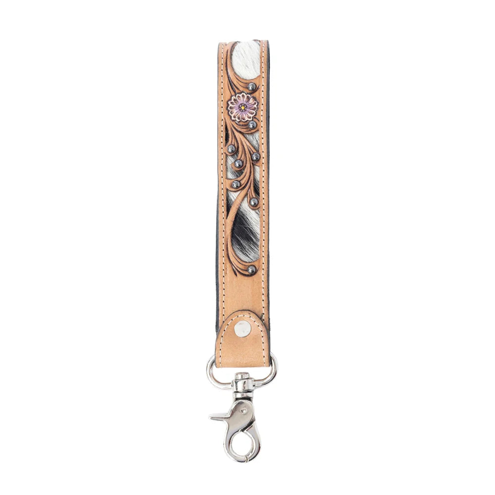 Pasture Petals Handtooled Leather Keyfob In Prairie Sand