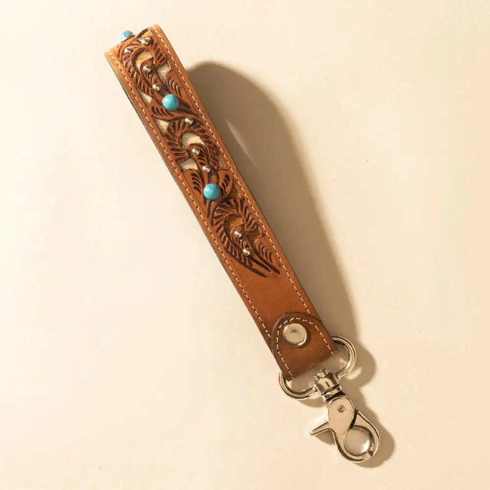 River Glen Handtooled Hairon Leather Key Fob In Honey Turquoise