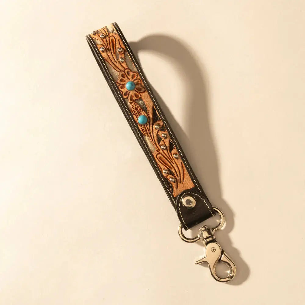 River Glen Handtooled Hairon Leather Key Fob In Espresso Turquoise