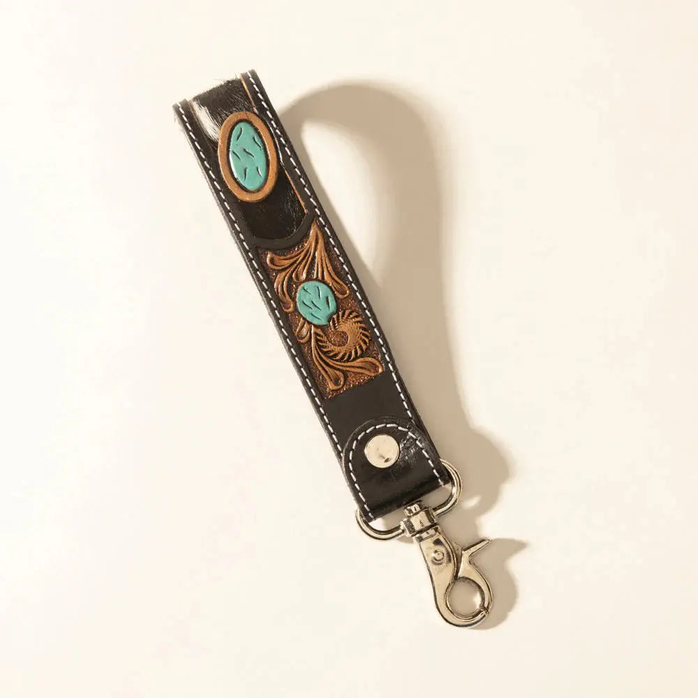 Tallin Bloom Handtooled Leather Keyfob In Saddle Sky