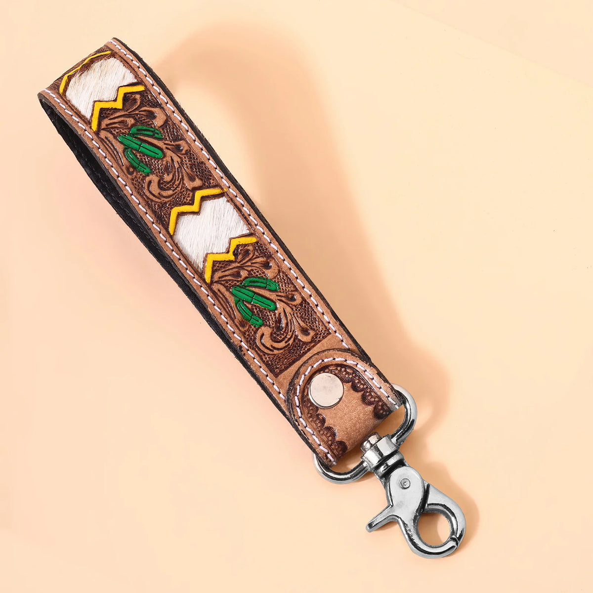 Soaring Bloom Handtooled Leather Keyfob In Cactus Green